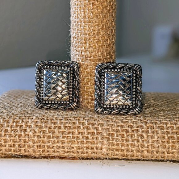 Brighton Square Weave Silver Tone Stud Clip-On Vintage Earrings - Picture 1 of 6